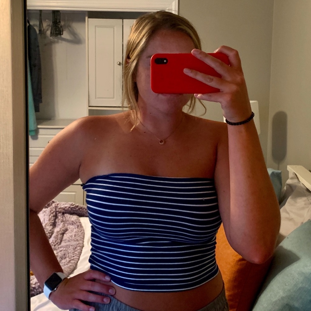 Navy blue and white striped tube top